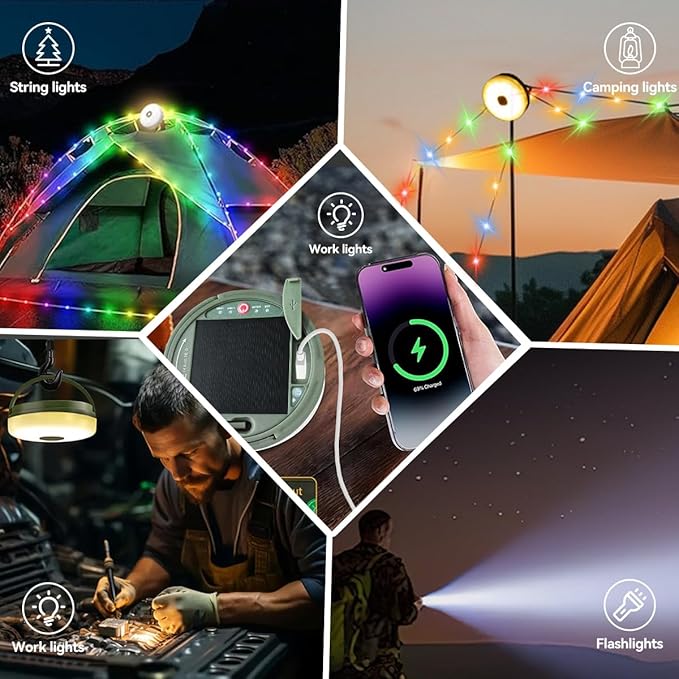 33FT Solar Camping String Lights, Rechargeable String Lights with 8 Modes, Waterproof Outdoor Lights with Delay Closure, Retractable Design & Hooks for Outdoor Patio Awning Garden Party Essentials