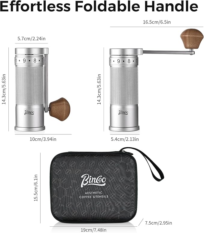 Bincoo Manual Coffee Grinder with Foldable Handle– External Setting Hand Coffee Grinder with Steel Burr,Compact and Portable for Home/Travel/Camping(Sliver)