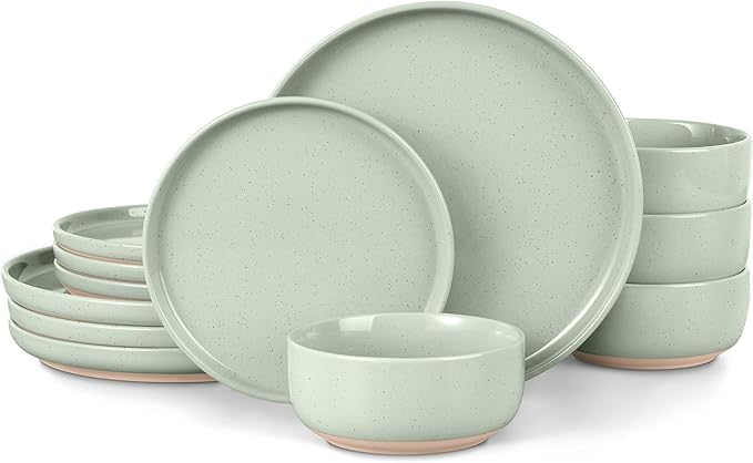 LIANYU Porcelain Dinnerware Set for 4, 12 PC Stoneware Dinner Plates and Bowls, Ceramic Dining Dishes Set for Dessert Salad Pasta, Microwave & Dishwasher Safe, Fog Green