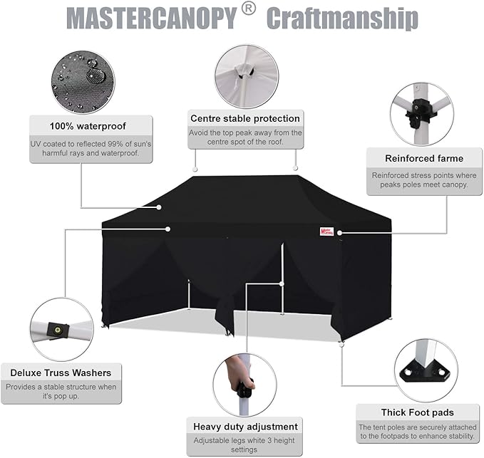 MASTERCANOPY Heavy Duty Pop-up Canopy Tent with Sidewalls (10x20,Black)