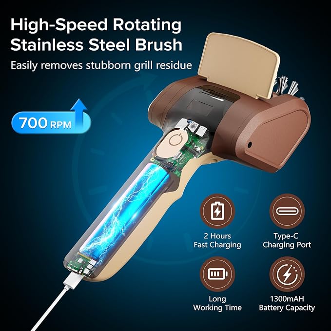 BBQ Grill Brush for Outdoor Grill, Cordless Electric Grill Cleaner with 700 RPM Stainless Steel Brush, Rechargeable Grill Cleaning Brush, Brown