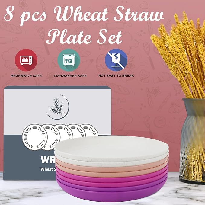 Wheat Straw Plates - Unbreakable 10 Inch Dinner Plates Set of 8 - Dishwasher & Microwave Safe, Easy to Clean for Kitchen, Camping - White, Pink, Purple