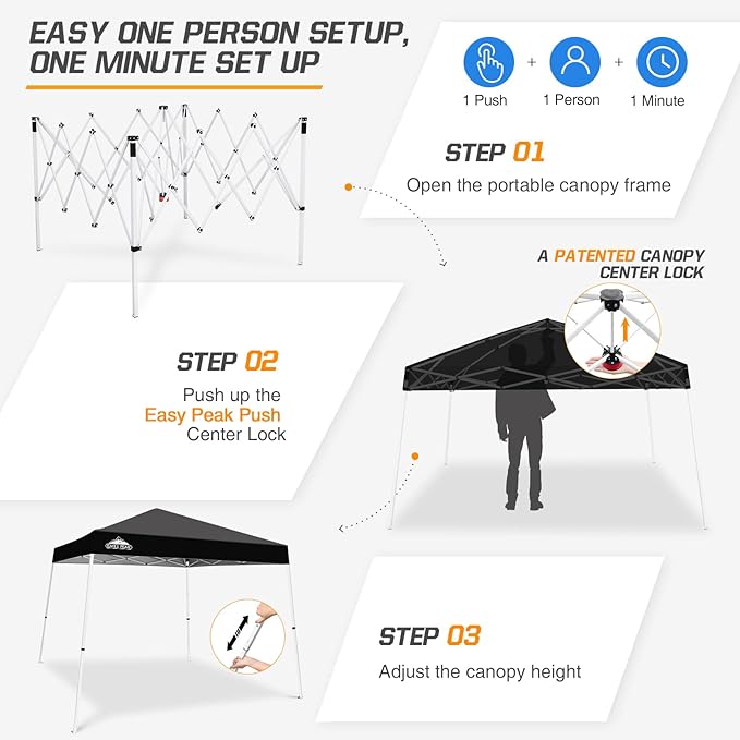 EAGLE PEAK 10x10 Slant Leg Pop-up Canopy Tent Easy One Person Setup Instant Outdoor Beach Canopy Folding Portable Sports Shelter 10x10 Base 8x8 Top (Black)