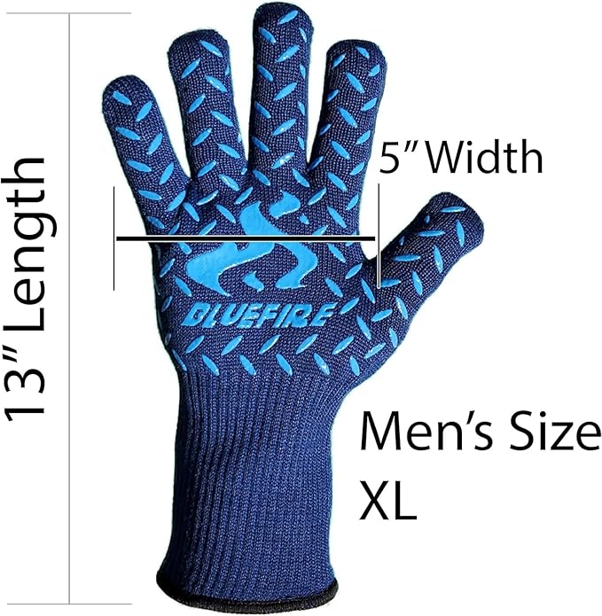 BBQ Grill Firepit Oven Mitts Highest Heat Resistance EN407 Lab Certified (X-Large, Blue/Black)