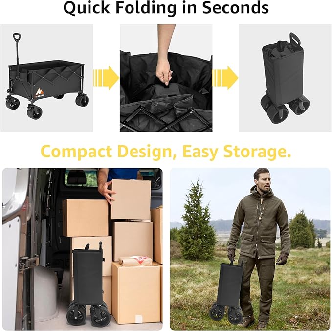 Collapsible Wagon Cart with Wheels - Foldable Wagons 220L Heavy Duty 450lbs, Beach Wagon with Big Wheels for Sand Folding Utility Wagons Carts for Sports Shopping Camping