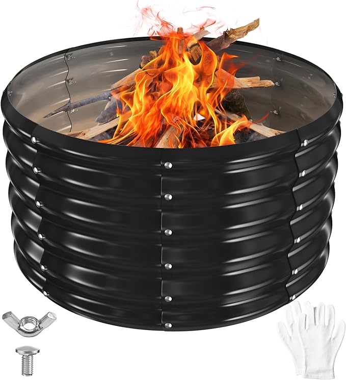 32 Inch Round Galvanized Fire Pit Ring/Fire Ring - Foldable and Perfect for Outdoor Gatherings and Campfires in The Yard/Garden/Park/Beach (Black+Gray, 2.7 FT Diameter+1.5 FT Tall)