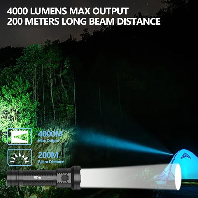 4000Lumens Outdoor Flashlight,LED Flashlight Flash Light Duty Rechargeable Flashlights with USB C IP67 Strobe Handheld Flashlight for Outdoor Medical Camping Emergency Work Light Repair
