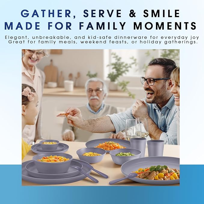 Plastic Dinnerware Sets – 40-Piece Gray Plates and Bowls Sets, Unbreakable, Reusable Dishes Set for 8 with Cups, Knives, Forks and Spoons, for Camping and Outdoor Use