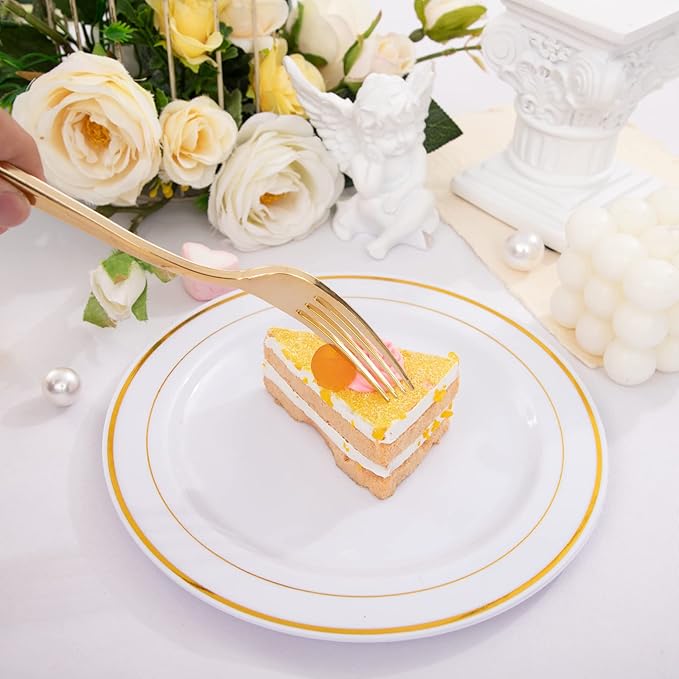 Nervure 204PCS Gold Dessert Plates with Forks - 102PCS 7.5inch Disposable Gold Plastic Plates and 102PCS Plastic Forks Perfect for Salads, Desserts, Parties, Catering, Christmas & Party & Father's Day