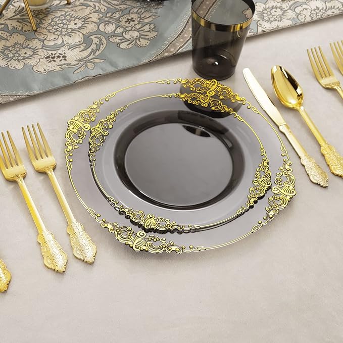 Nervure 175pcs Clear Black Plastic Plates - Gold Plastic Dinnerware Set for 25 Guests include 50 Disposable Plates,75 Gold Silverware,25 Cups,25 Napkins Perfect for Party&Independence Day