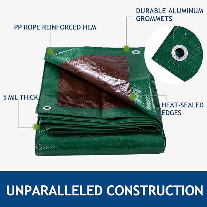 10x12Ft Tarp Cover 5 MIL Waterproof Poly Tarps, Light Duty Tarpaulin with Grommets, Reinforced Edges, Rip & Tear Proof, Multipurpose Finished Size Tarp for Cars, Boat, Roof, Camping - Green