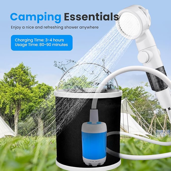 Portable Camping Shower Outdoor Camp Shower Pump,Upgrade Rechargeable Electric Shower Pump with Intelligent Digital Display Multiple Spray Modes for Camping, Hiking, Traveling,RV