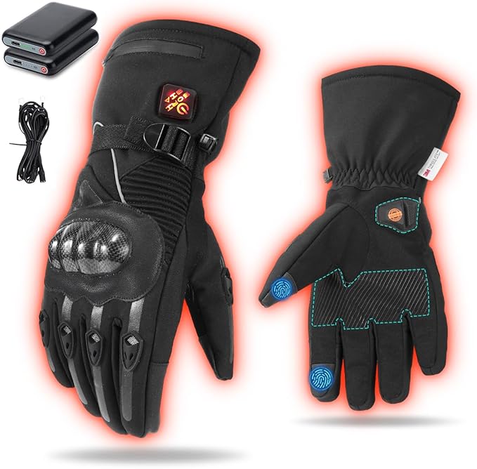 Heated Motorcycle Gloves for Men & Women - 7.4V 3000mAh Rechargeable Batteries, Electric, Touchscreen, Waterproof, Windproof, Non-Slip, Skiing, Cycling, Fishing
