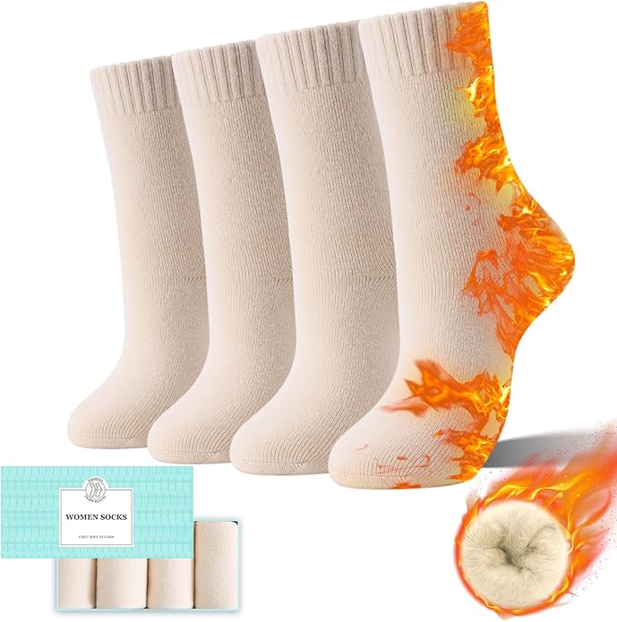 HUGSWEET Thermal Winter Socks for Women Extra Thick Insulated Heated Slipper Socks for Cold Weather 4 Pairs (Multicolor)
