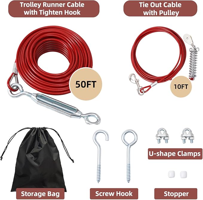 50FT Dog Runner for Yard with 10FT Tie Out Cable - Heavy Duty Trolley System for Large Dogs Up to 250LBS, Backyard/Park/Camping Use (Red, 50FT+10FT)
