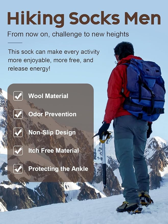 Senker Fashion Merino Wool Hiking Socks for Men, Warm Crew Socks W/Cushion Moisture Wicking for Trekking Work Outdoor