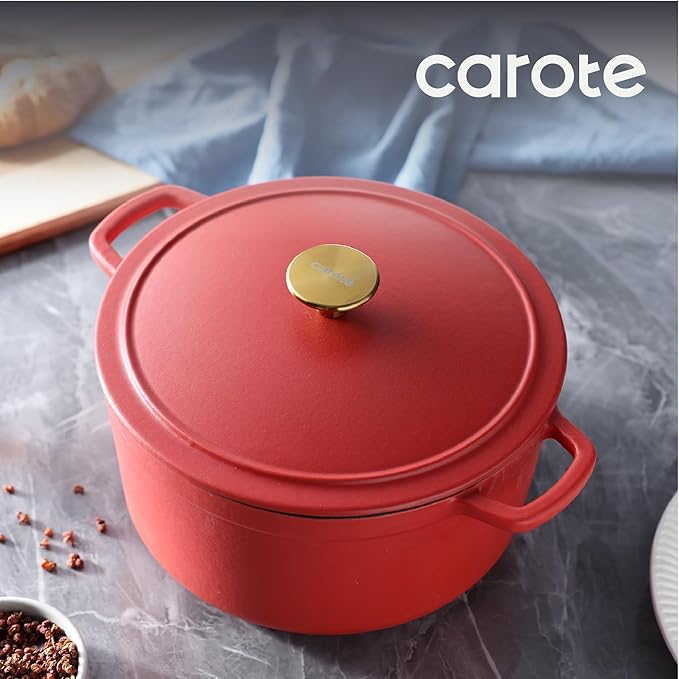 CAROTE Enameled Cast Iron Dutch Oven Pot with Lid, Enameled Dutch Oven for Sourdough Bread Baking, Braising, Stews, Dual Handles, Heavy-Duty Cast Iron Pot, 5QT, Red