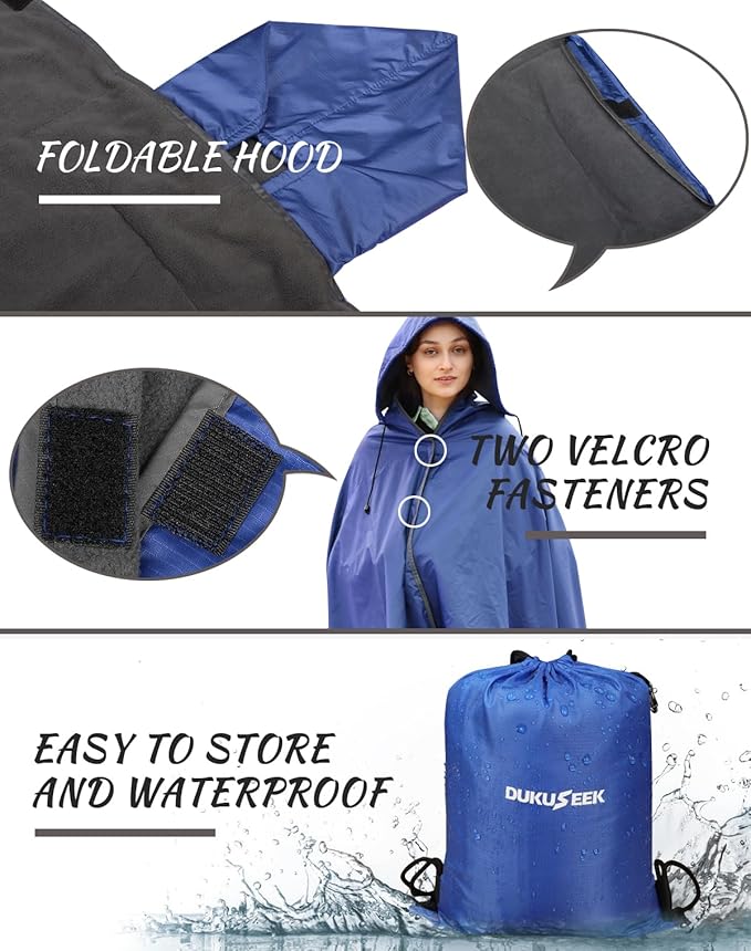 DUKUSEEK Outdoor Waterproof Stadium Blanket, XL Large (79x56) Hooded Stadium Blankets with Fleece,Portable,Warm Outside Blankets for Cold Weather, Camping, Sports, Beach, Football, Festivalsβ¦