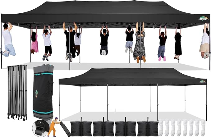 COBIZI 10x30 Pop Up Canopy Without Sidewall,Heavy Duty Canopy UPF 50+ All Season Wind Waterproof Commercial Outdoor Wedding Party Tents for Parties Gazebo with Roller Bag(10 x 30 ft Black)