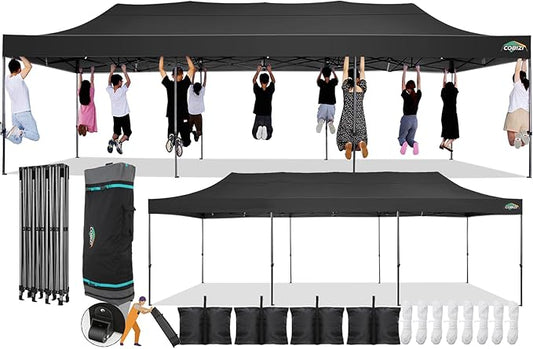 COBIZI 10x30 Pop Up Canopy Without Sidewall,Heavy Duty Canopy UPF 50+ All Season Wind Waterproof Commercial Outdoor Wedding Party Tents for Parties Gazebo with Roller Bag(10 x 30 ft Black)