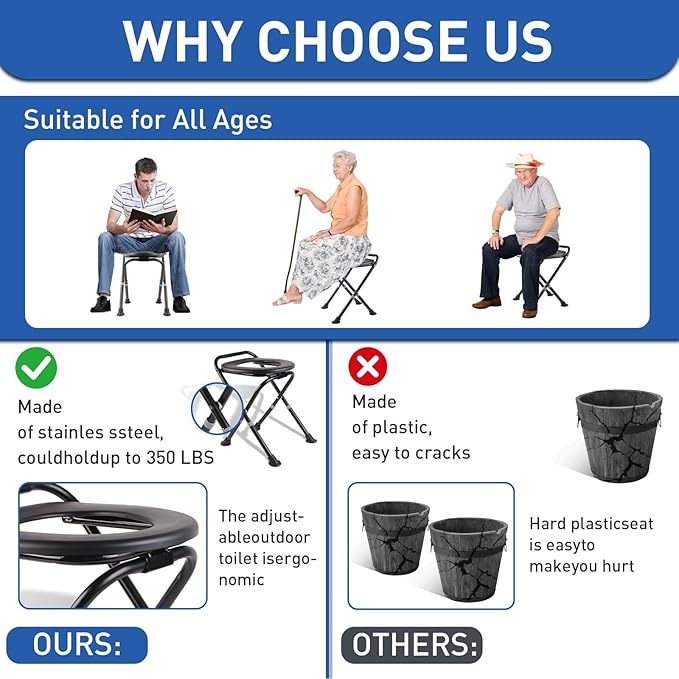 Upgraded Portable Toilet, Height Adjustable Camping Toilet Portable Potty for Camping, Hiking, Road Trip, Car, RV, Tent, Beach, Truck Drivers