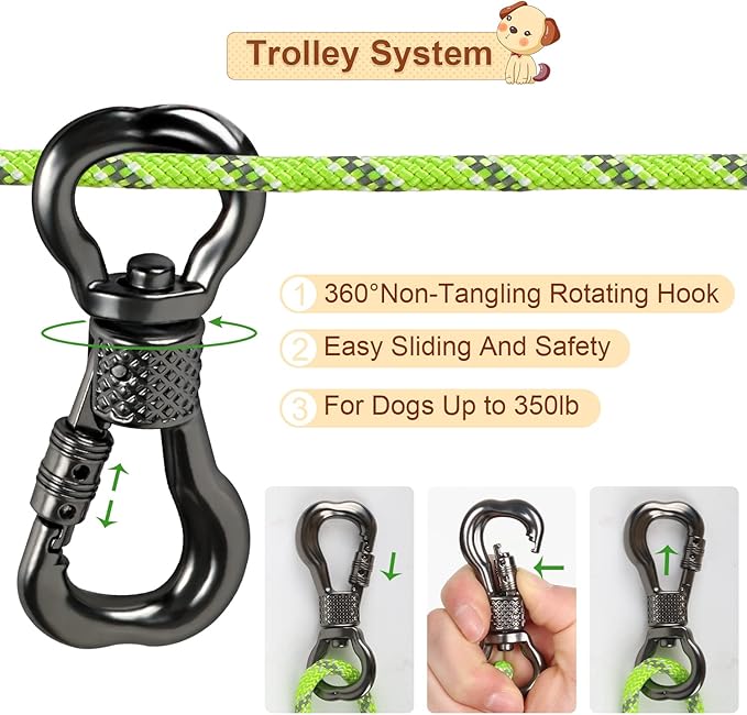 XiaZ Dog Tie Out Cable for Camping, 50FT Portable Overhead Trolley System for Dogs up to 300lbs,Dog Lead for Yard, Camping, Parks, Outdoor Events,5 min Set-up, Green