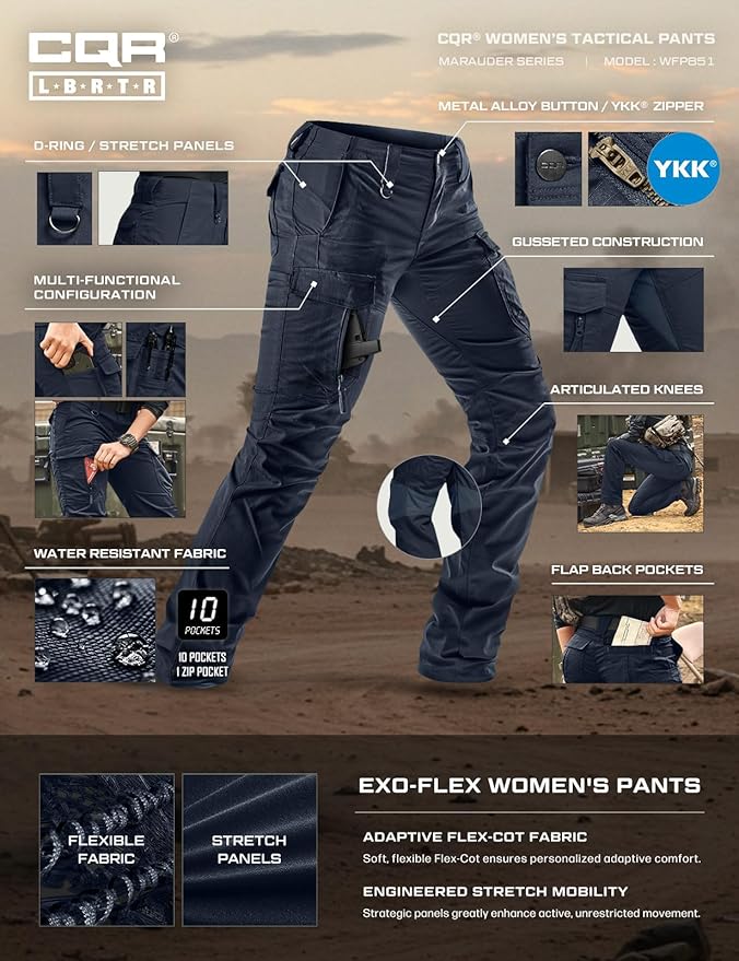 CQR Women's Flex Stretch Tactical Pants, Water Resistant Ripstop Cargo Work Pants with Pockets for Outdoor & Hiking