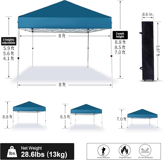 Pop Up Canopy 8X8 FT,Portable Sun Instant Shelter w/Backpack Bag,Waterproof,Adjustable Straight Leg Heights Canopies,Outdoor Tents for Parties,Camping,Commercial Event,Lake Blue