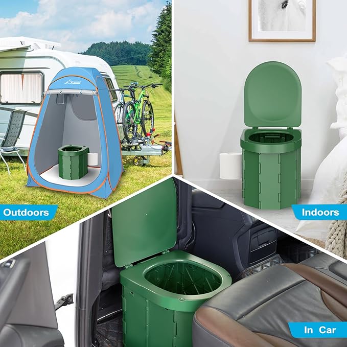 Portable Camping Toilet, Folding Toilet for Adults with Lid and Retractable Toilet Paper Holder, Waterproof Porta Potty with Carry Bag and Disposible Liners for Hiking, RV Travel, Road Trips, Green