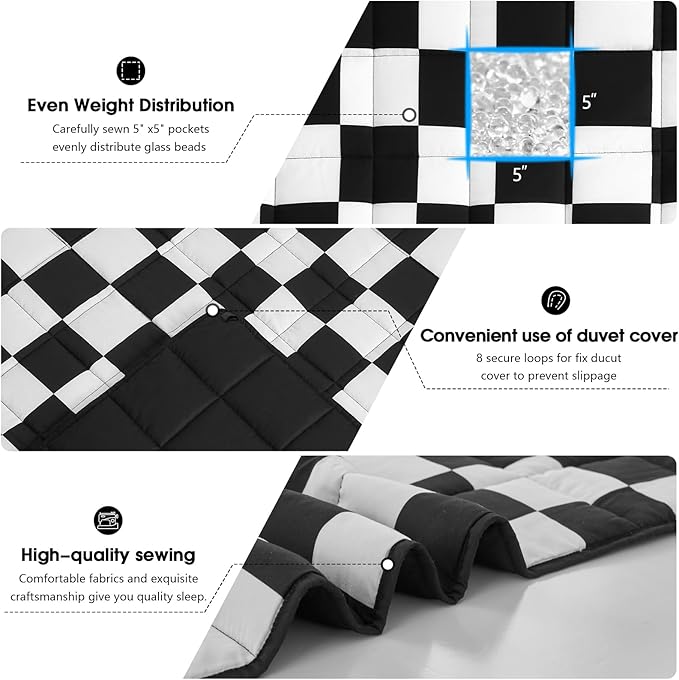 Black Checkered Weighted Blanket for Adults 20lbs, 48"x72" Twin Size, Cooling Heavy Blanket for 130-220lbs with Premium Glass Beads, Soft Thick Big Blankets for All-Season Sleeping Comfort Breathable