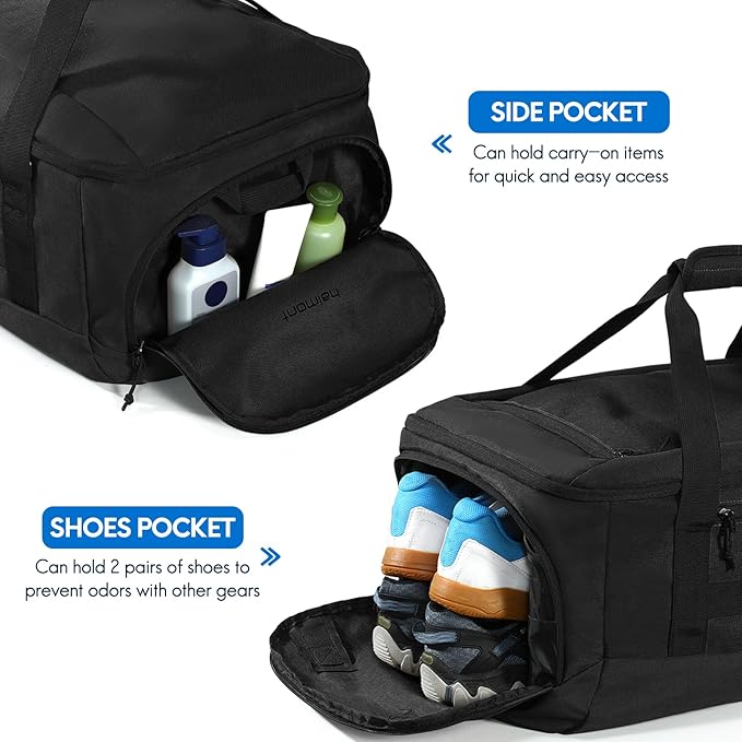 Haimont 60L Foldable Duffle Bag Backpack with Shoe Compartment, Large Travel Duffel for Gym, Sports, Luggage, Camping, Men & Women, Black