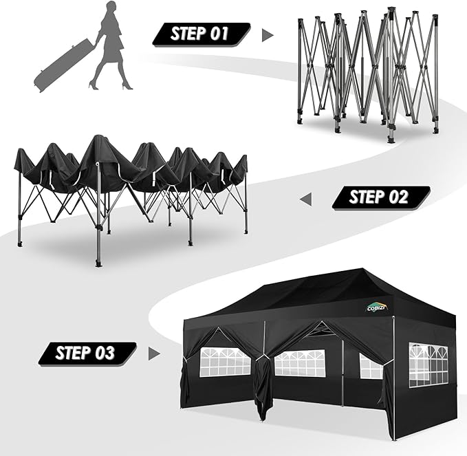 COBIZI 10x20 Canopy with Sidewalls, Heavy duty Party Tent Pop up carpas para fiestas, Tents for Parties, wedding, Outdoor Ez up Foldable Portable Canopy Tent with Wheeled Bag, Black(Windproof Upgrade)