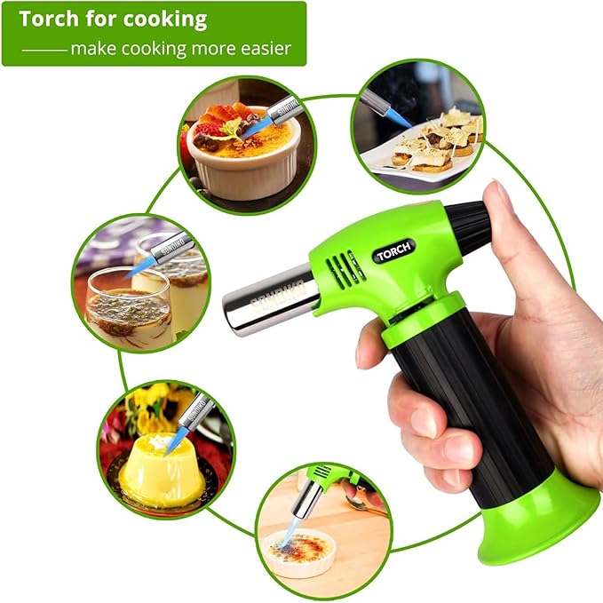 Sondiko Butane Torch Lighter, Refillable Kitchen Torch with Safety Lock and Adjustable Flame for Desserts, Creme Brulee, and Baking, Green