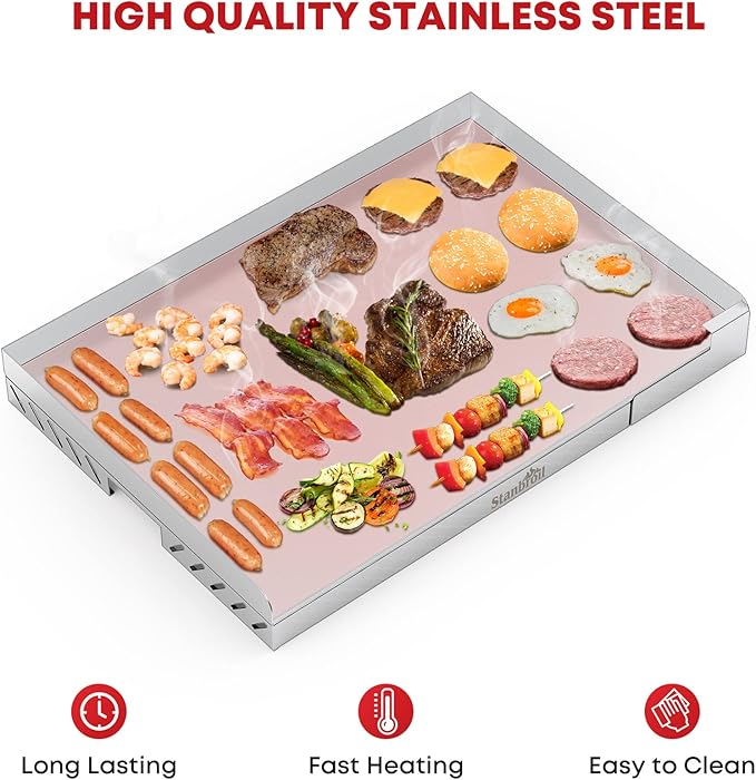 Stanbroil Stainless Steel Universal Griddle for Charcoal/Gas Grills, 23" x 16" Rectangular Cooking Griddle with Removable Grease Drip Tray