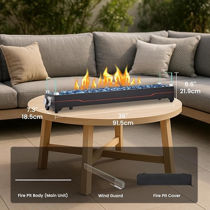 GRISUN Tabletop Fire Pit,36 Inch Propane Fire Pit Table,50000 BTU Table Top Firepit with Glass Wind Guard,Stainless Steel Burner,Fire Glass,Portable Propane fire Pit for Patio, Camping, Backyard & RV