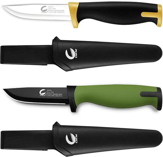 Survival Knife 2 pack, 3.5-inch Carbon Steel Blade, Black Non-Stick Finish with Hard Plastic Sheath to Belts, Soft TPR Handle Camping Knife for Outdoor, Survival, Fishing, Hiking