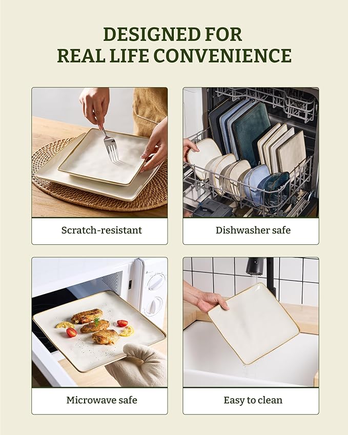 Famiware Dinnerware Sets for 8, Ocean Square 24-Piece Kitchen Plates and Bowls Sets, Microwave and Dishwasher Safe, Scratch Resistant, Vanilla White