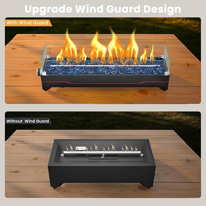 GRISUN Tabletop Fire Pit,28 Inch Propane Fire Pit Table,45000 BTU Table Top Firepit with Glass Wind Guard,Stainless Steel Burner,Fire Glass,Portable Propane fire Pit for Patio, Camping, Backyard & RV