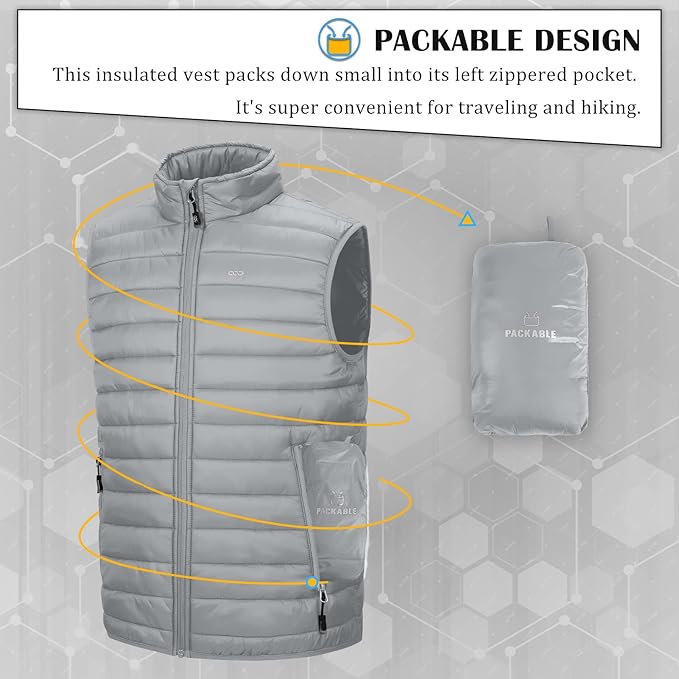 33,000ft Men's Lightweight Packable Insulated Puffer Vest Outerwear, Warm Winter Sleeveless Jacket for Golf Running