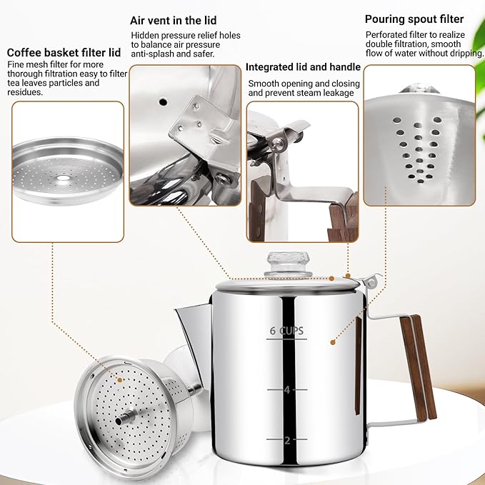 No Coating 6 Cup Percolator Coffee Pot 304 Stainless Steel Moka Pot Stovetop Espresso Maker Italian Greca Cuban Machine 1000ml 33.8oz Suitable for Gas Induction Stovetop Camping Kettle