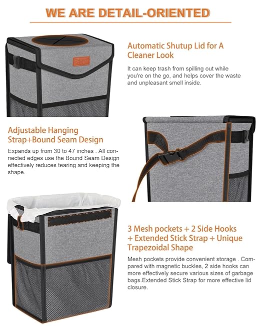Car Trash Can with Lid, Cute Leakproof Car Trash Garbage Bag Hanging Vehicle Trash Bin Small Portable Automotive Garbage Cans Organizer for Back/Front Seat/Console(Trapezoid,Grey)
