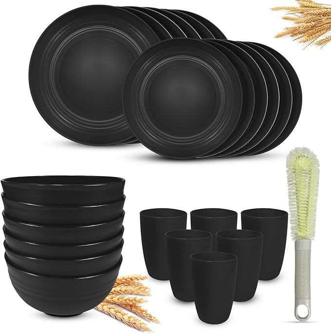 Kitchen Wheat Straw Dinnerware Sets (25pcs) Attached cleaning brush,Service For 6,Plastic Plates and Bowls Sets,Unbreakable Dinnerware,Lightweight Plastic Plate Set (black)