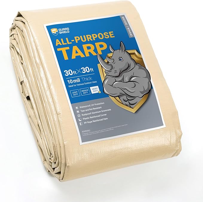 GUARD SHIELD Beige Tarp Heavy Duty Waterproof 30x30 Feet Outdoor Poly Tarps Cover Thick UV Resistant Canopy Tarpaulin with Grommets 10mil