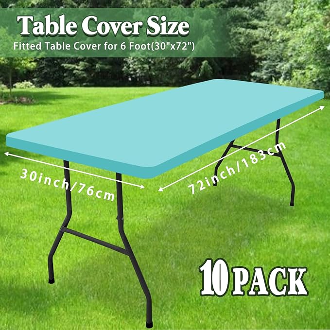 Picnic Table Cover 10 Pack Elastic Fitted Tablecloths for 6 Foot Rectangle Tables Waterproof Stretch Washable Patio Folding Outdoor Spandex Table Cloth Camping Banquet Parties (Aqua Blue,30" x 72")
