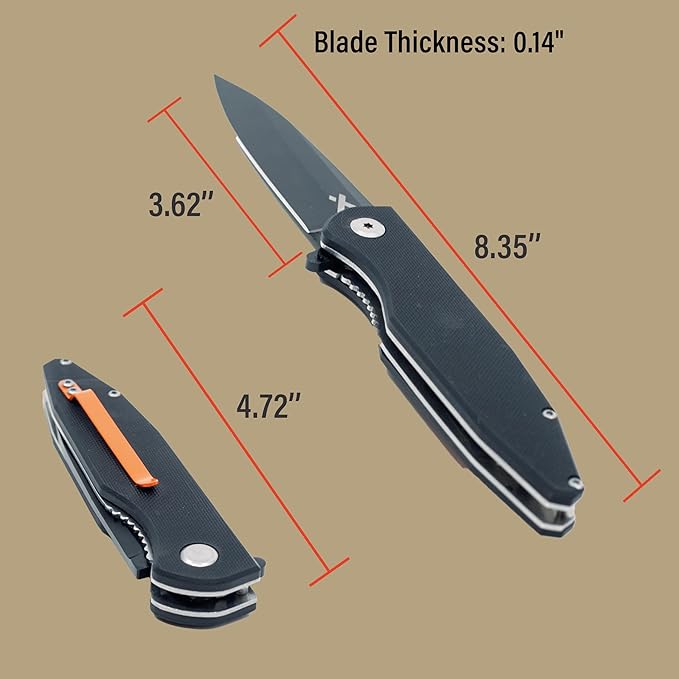 Folding Blade Pocket Knife, 3.6" 3cr13 Steel Blade, EDC Knife with G10 Handle, and Belt Clip for Camping, Survival and Backpacking - Black