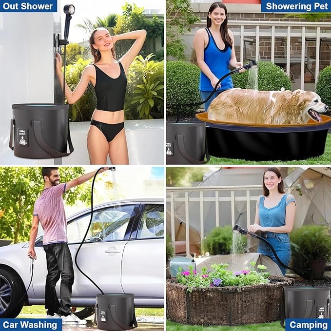 Portable Camp Shower Pump, IPX8 Waterproof, 8000mAh Rechargeable Shower Pump, 5 Speed Mode & 4 Water Mode Camping Shower with 20 L Foldable Bucket, Shower for Hiking,Travel, Pet Bath, Car Wash