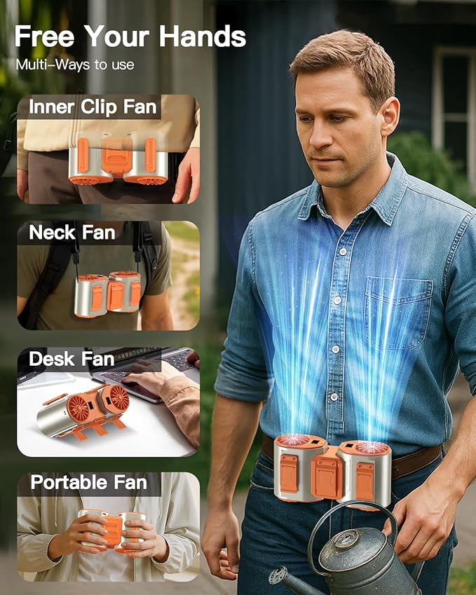 Andwing Portable Waist Fan Rechargeable, Detachable Dual Motors Personal Fans 5 Speeds 20000RPM Strong Airflow, 10000mAh 24H Runtime, Portable Neck Fan, Waist Belt Clip Fan (Grey&Orange)