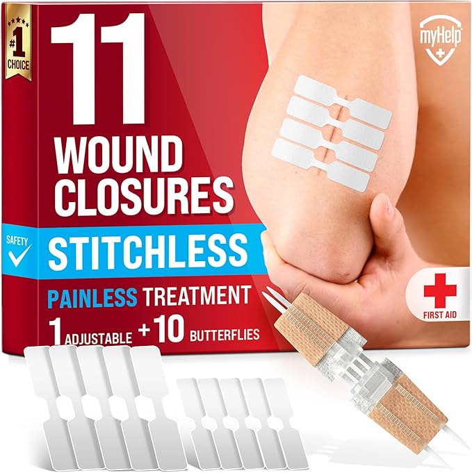 Emergency Wound Closure Strips - 11pk - 2 Types Easy to Use Butterfly Bandages - Stitchless & Painless Laceration Closure Kit