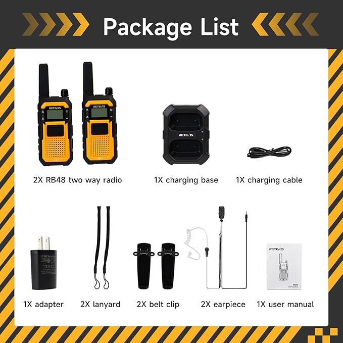 Retevis RB48 Walkie Talkies Long Range, IP67 Waterproof Two Way Radios with Earpiece, Support VOX, Vibration Call, 2000mAh, NOAA, 2 Way Radio for Business(2 Pack)
