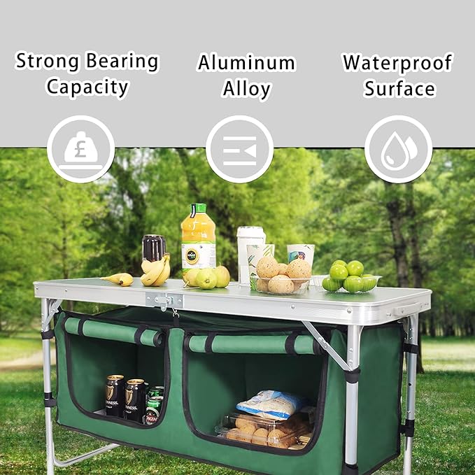 CampLand Outdoor Folding Table Aluminum Lightweight Height Adjustable with Storage Organizer for BBQ, Party, Camping